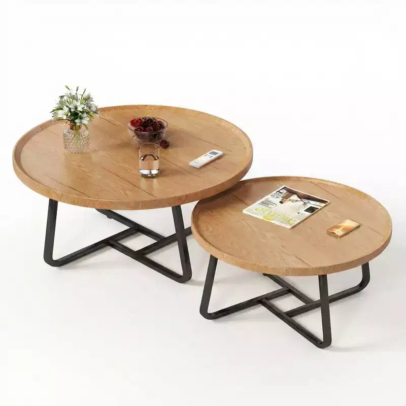 Modern Nesting Coffee Table Set of 2  Fluted Wood Circle Tables  Sturdy Metal Frame  Easy Assembly  Ideal for Living Room, Bedroom