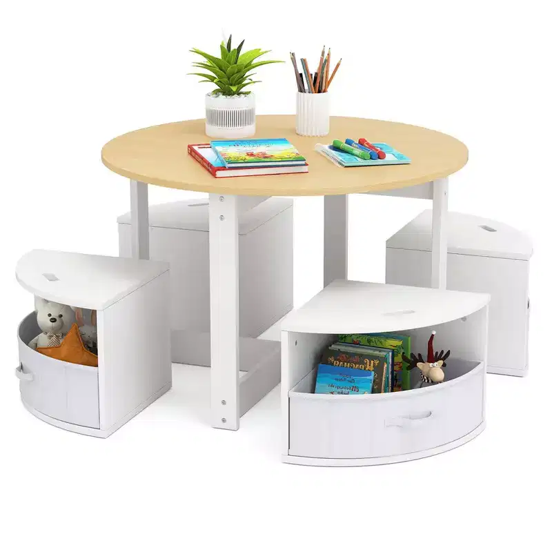 Costway 5 Piece Kids Play Table and Chairs Set Round Nesting Table Toddler Furniture Gray/Natural