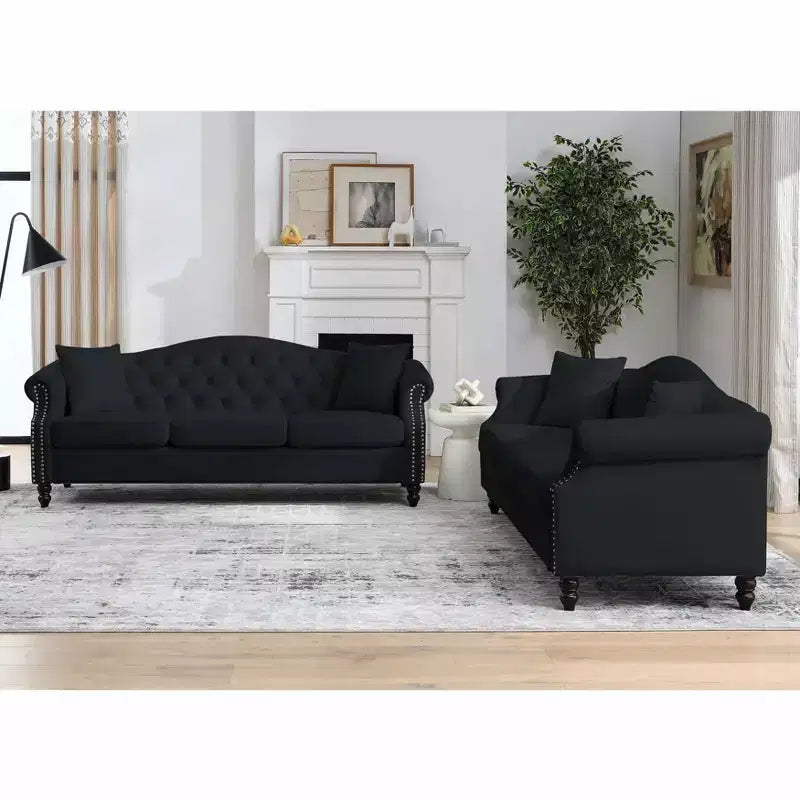 79 Black Velvet Chesterfield Sofa with Tufted Design - 3-Seater Couch featuring Rolled Arms and Nailhead Trim for Living Room (3S+3S)