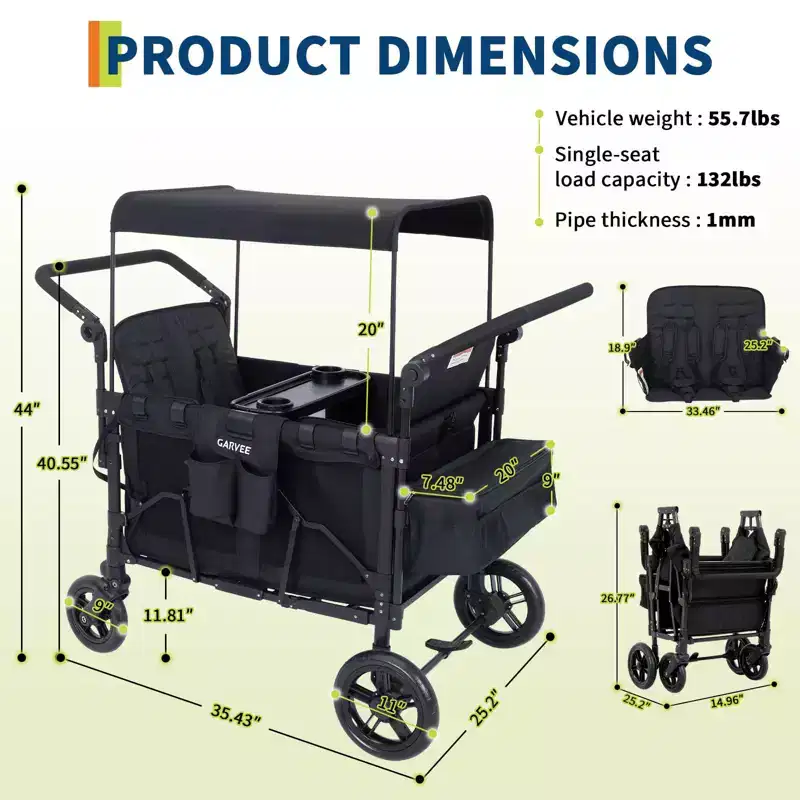 4 Seater Wagon Stroller - Premium All-Terrain Wagon for Kids with Snack Tray, Removable Canopy, Adjustable Push/Pull Handle & Fold, Black