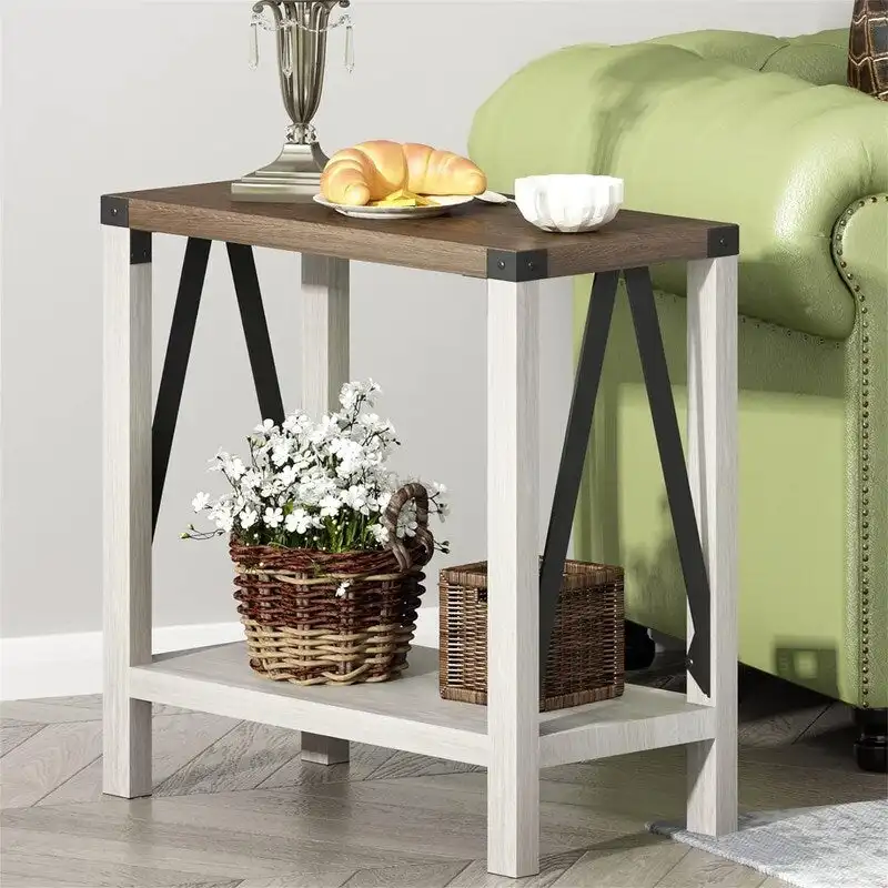 Farmhouse End Table for Small Spaces - 2 Tier Open Storage Shelf