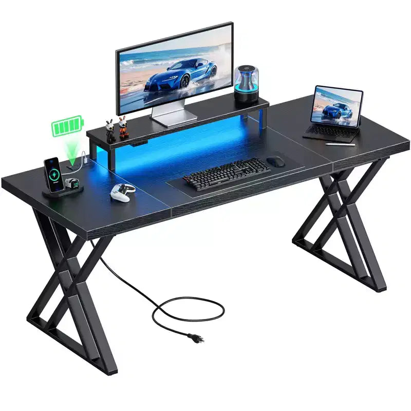 TUYOHW Gaming Desk,Computer Desk with Monitor Riser,X-Frame,USB Charging Station,LED Light Strip,Thick Desktop Board,Writing Desk for Office