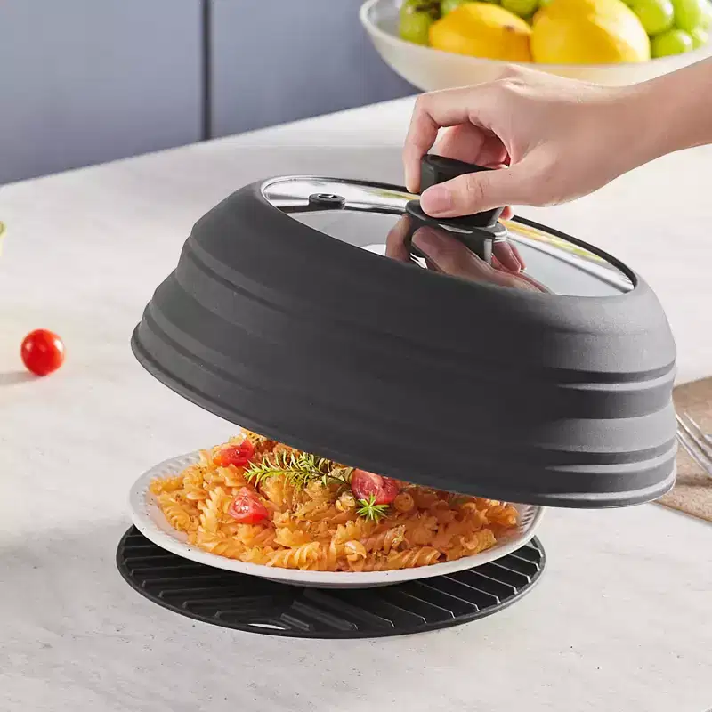 VEVOR Microwave Splatter Cover & Mat, 10.8 Collapsible Microwave Lid for Food, 500F Heat-Resistant Silicone & Tempered Glass Splatter Guard, Black