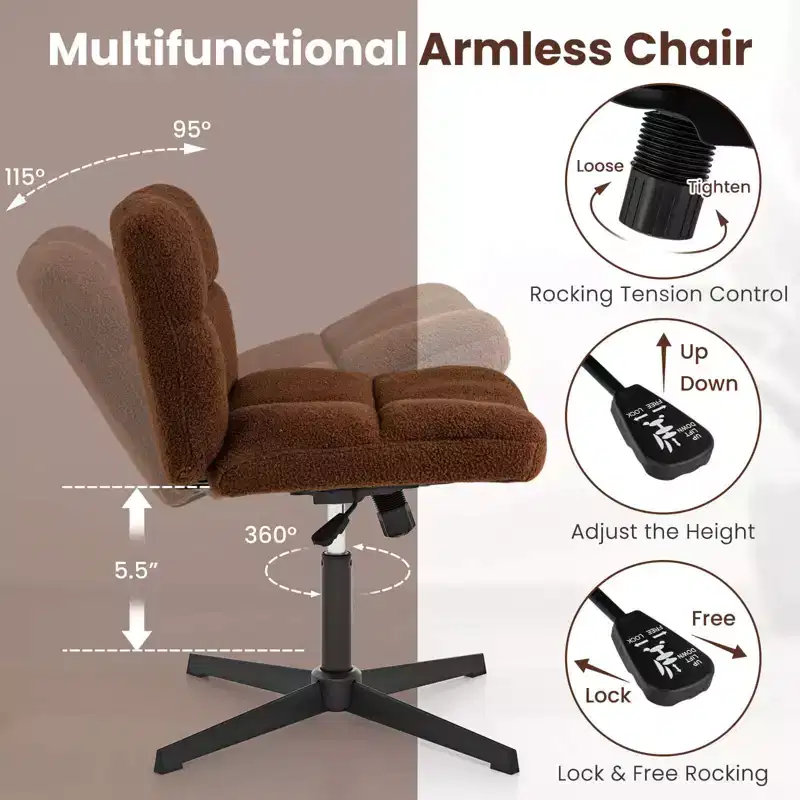 Costway Armless Office Desk Chair Modern Swivel Vanity Chair with Adjustable Height Grey/Brown/Beige