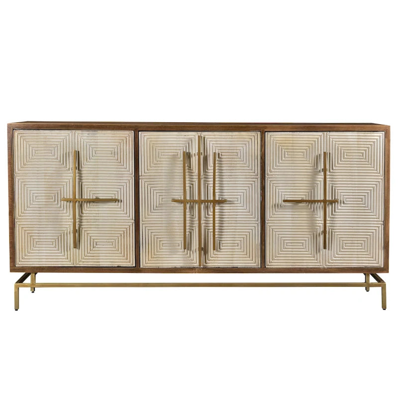 White & Natural Mango Wood 3 Door Sideboard w Gold Hardware - 69W x 16D x 34H
