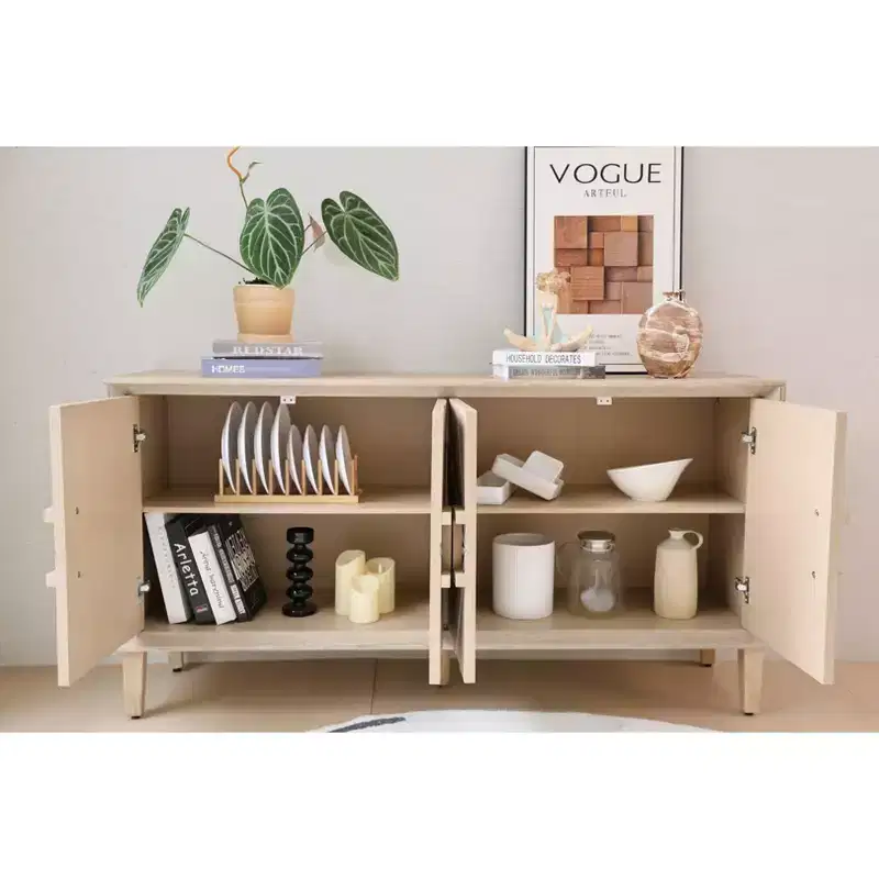 60-Inch Black Buffet Cabinet with Storage, Modern Wooden Accent Cabinet with 4 Doors and Square-Designed Handle