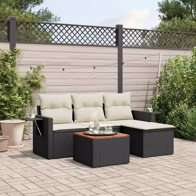 vidaXL 5 Piece Patio Sofa Set with Cushions - Black and Cream