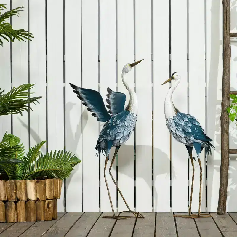 Outsunny Heron Garden Statues, 29 & 27.5 Standing Bird Sculptures, Metal Yard Art Decor, Landscape Decoration Set of 2, Blue & White