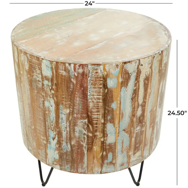 Handmade Mango Wood Distressed Coffee Table | Black Hairpin Legs | 36.5 Round | 100 lb