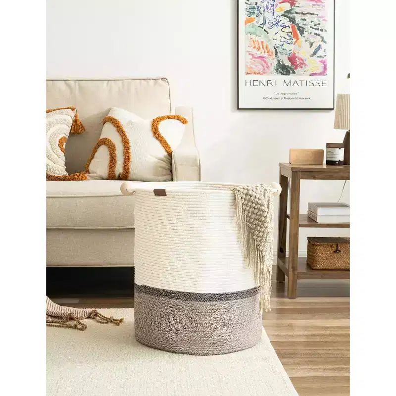 Narwey 72L Cotton Rope Laundry Basket with Wooden Beads Handles