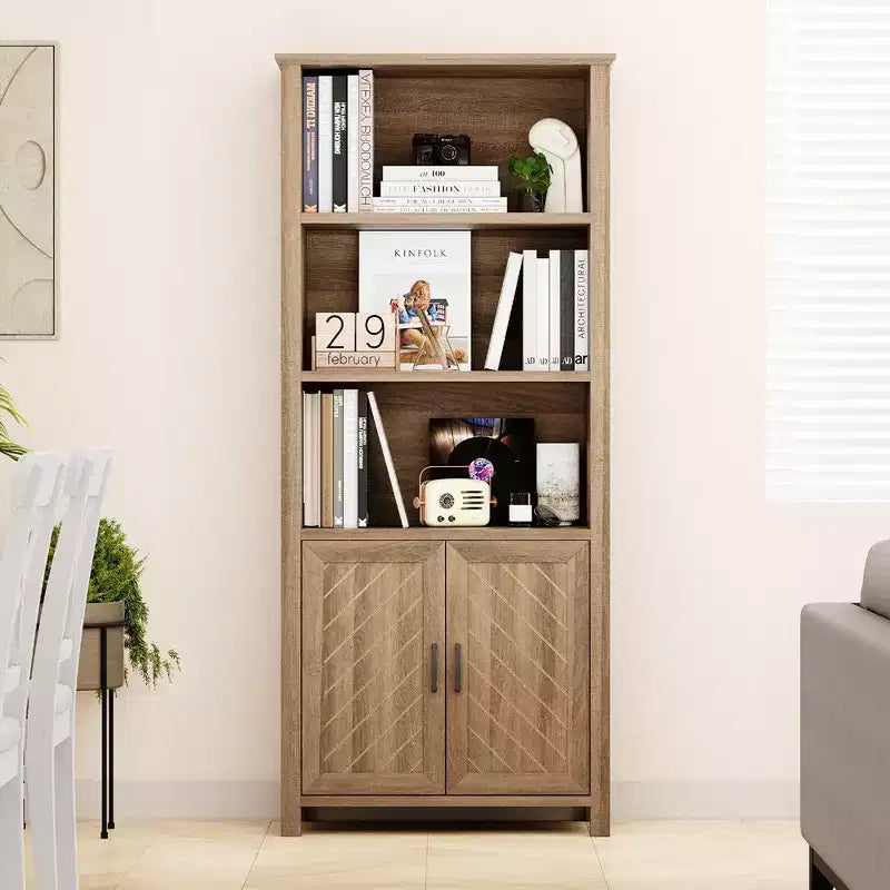 Farmhouse Bookshelves and Bookcases with Doors, 5-Tier Storage Bookshelf-Bookcase, Wooden Shelf Bookshelves