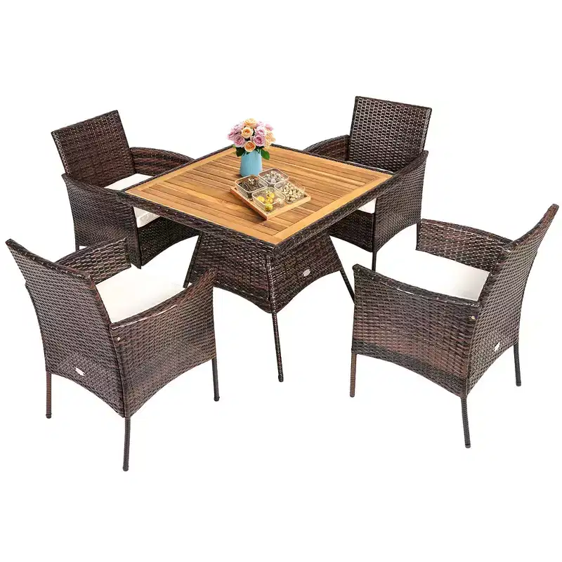 Costway 5PCS Patio Rattan Dining Furniture Set Arm Chair Wooden Table Top