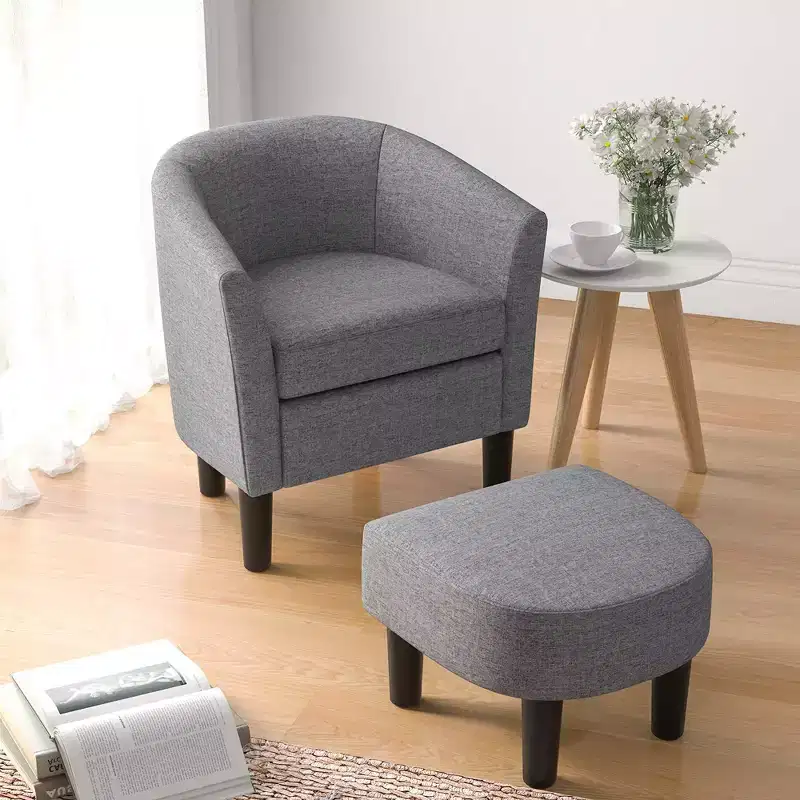 Costway Barrel Club Chair with Ottoman Set Footrest Curved Back & Removable Seat Cushion Grey/Beige