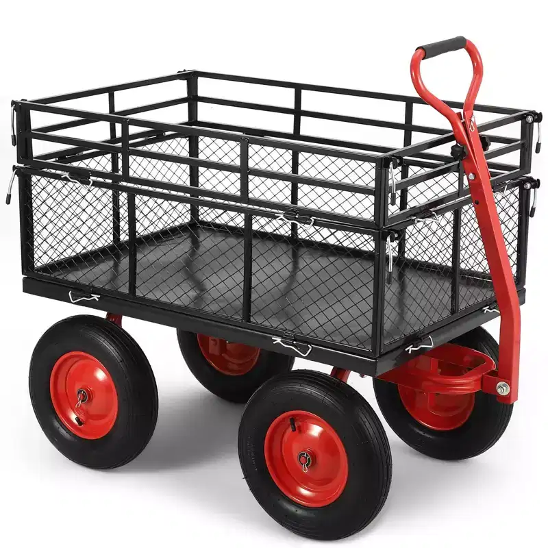 Steel Garden Cart,Heavy Duty Metal Yard Utility Wagon with Removable Mesh Sides,2-in-1 180Rotating Handle and 16 inch Wheels, Steel Utility