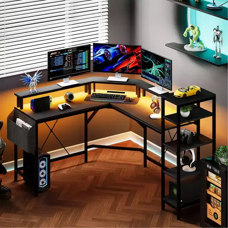Gaming Desk Computer Desk - 62'' L Shaped with Power Outlets, LED Lights, Monitor Stand & Storage Shelves, Ergonomic Home Office Desk (Black Willow)
