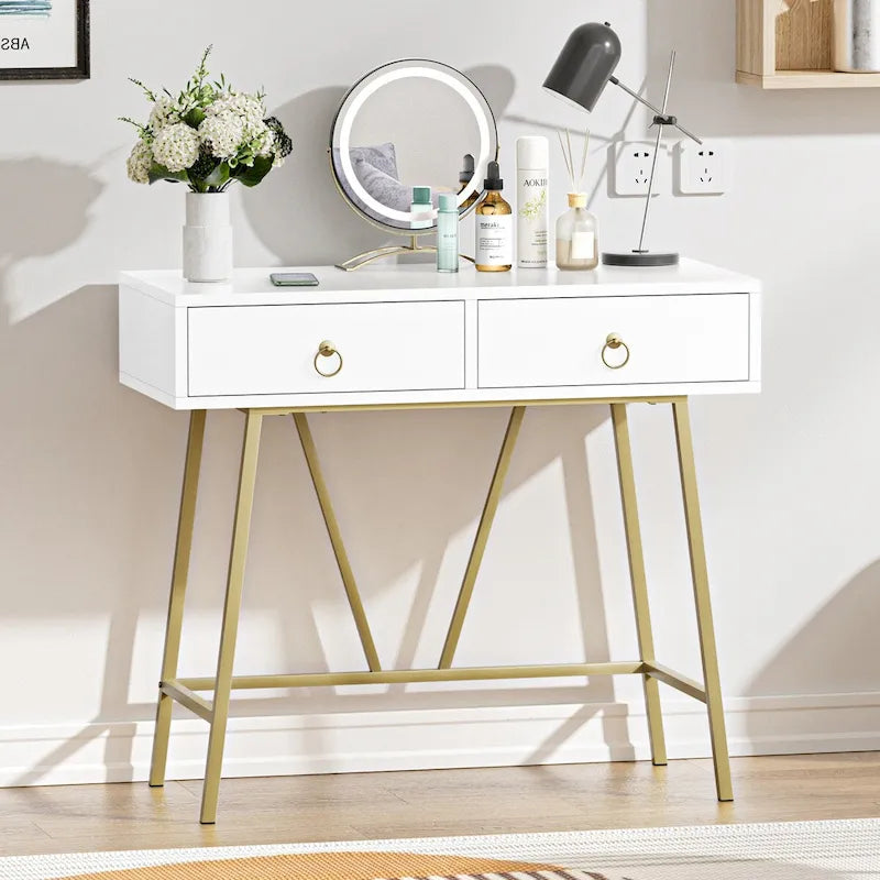 Modern Home Office Desk 35.4 Makeup Vanity Table White 2 Drawers Writing Computer Desk with Golden Legs