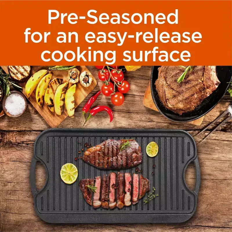 COMMERCIAL CHEF Pre-Seasoned Cast Iron Reversible Grill Griddle 20 x 10, Black