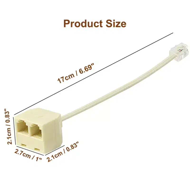 Unique Bargains Plastic RJ11 6P4C Two Way Phone Line Adapter Converter Cable 6.3 Beige 1 Pc