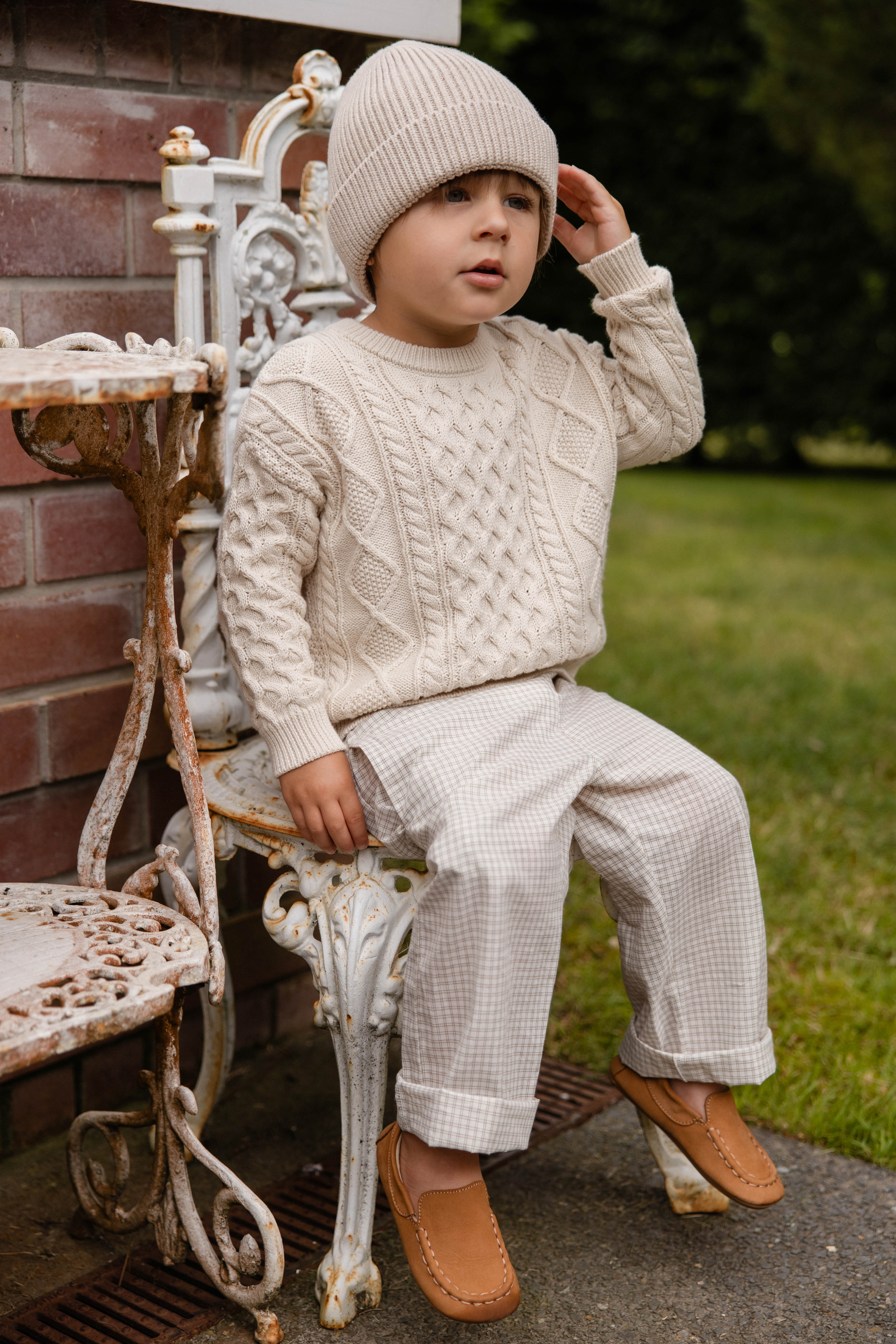 Relaxed Pecan Double Windowpane Check Organic Cotton Pant with Decorative Waist Tie for Kids 6M–8Y