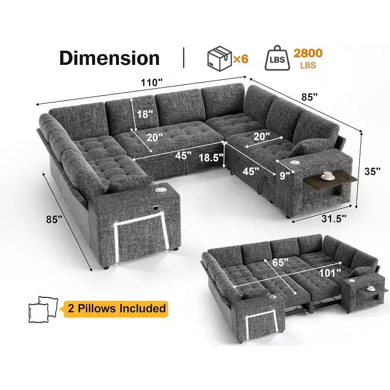 Dyonery 110-inch U-shaped sofa, pull-out bed, 8-seater sofa, with two cup holders, small table, no tools required for installationchenille