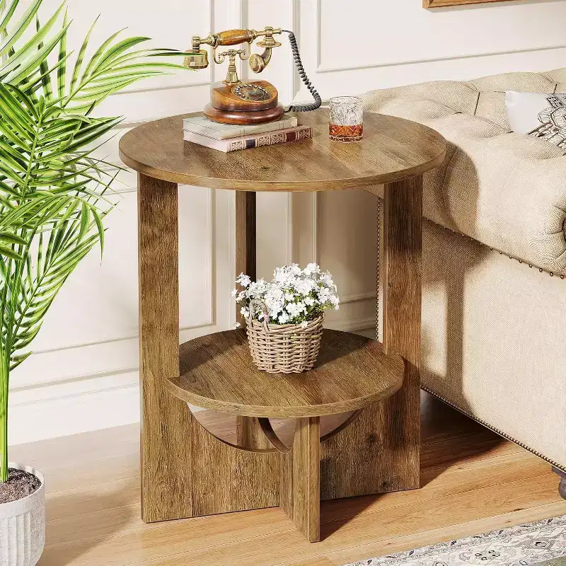 Lantine 2-Tier Round End Table with Storage, for Living Room, Bedroom & Small Spaces, Modern Narrow Nightstand, Easy Assembly, Brown