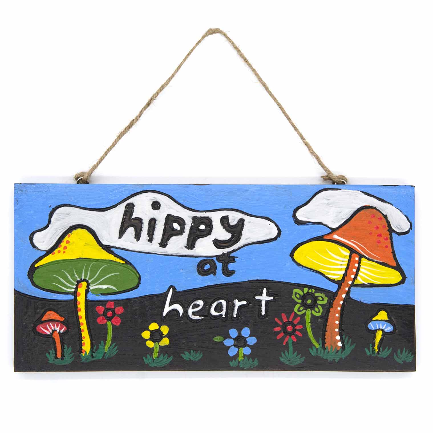 Hippy at Heart, Hand-Painted Mushroom Wood Hanging Plaque
