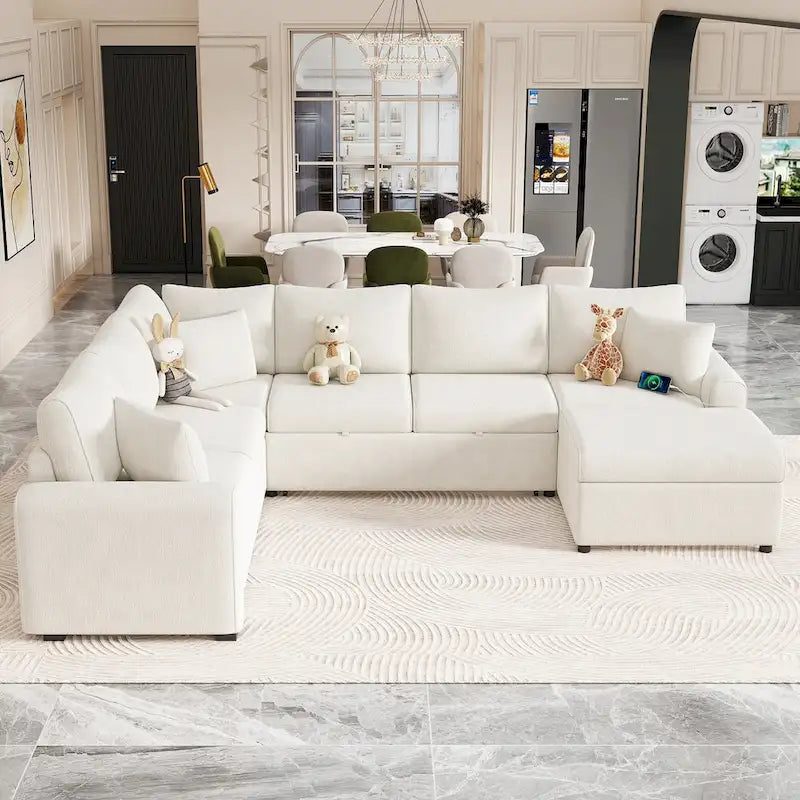 Chenille Sectional Sofa Pull-out Sofa Bed, L-Shape Sleeper Sofa with Storage Ottoman, 3 Pillows and Charging Devices
