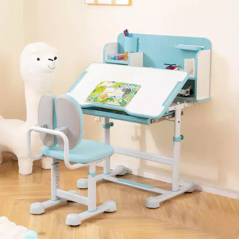 Costway Kids Study Desk & Chair Set with Tilt Desktop, Pen Holder & Tray, Reading Stand Blue/Gray