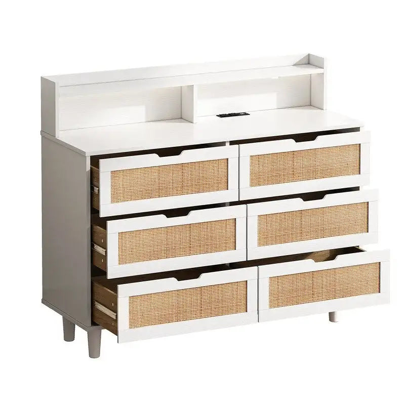 Bohemian Rattan 6-Drawer Sideboard Buffet with Adjustable LED Lights & Power Outlet