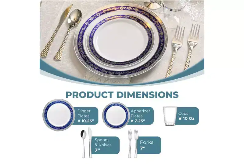 Posh Setting 420 Piece White And Silver/Blue Plastic Party Bundle - Royal (60 Settings)
