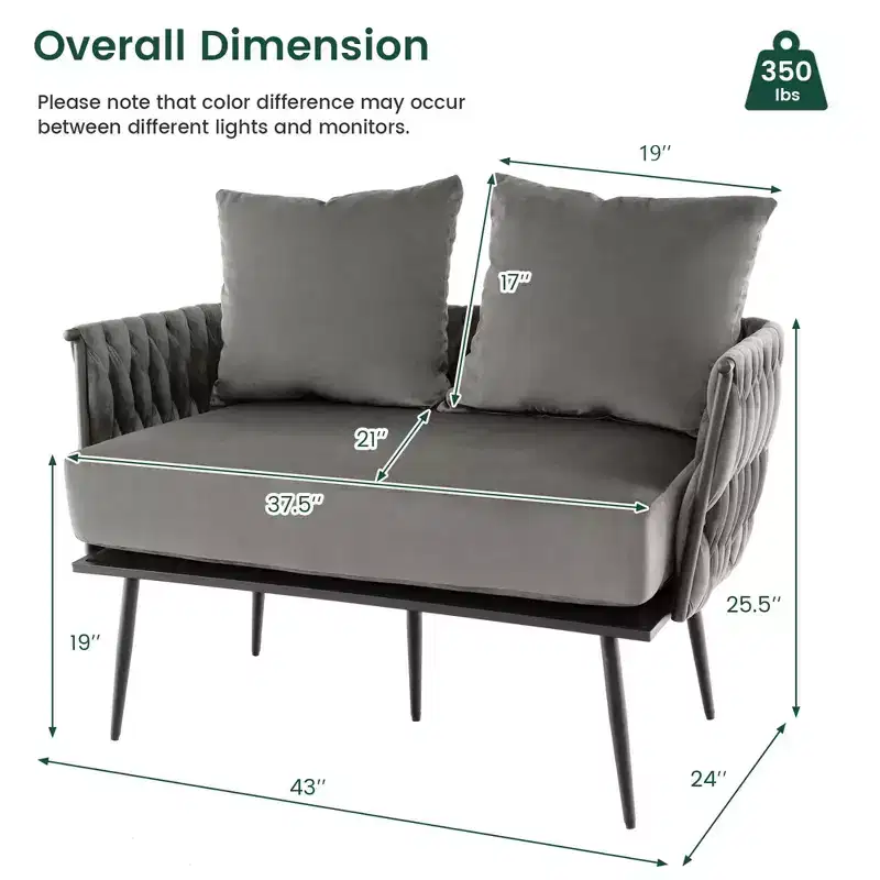 Costway Modern Loveseat Sofa Upholstered Dutch Velvet Couch with Woven Back & Arms Green/Grey
