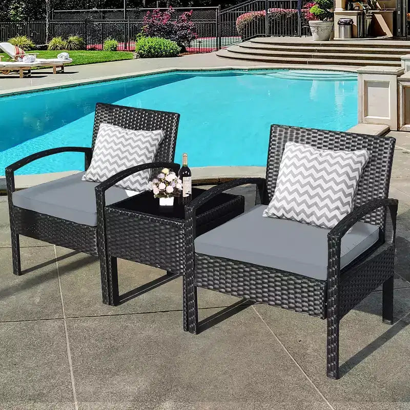 Costway 3PC Patio Rattan Furniture Set Coffee Table Conversation Sofa Cushioned
