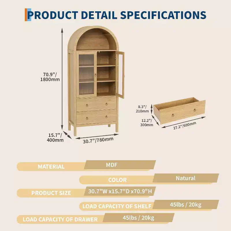 Arched Pantry Cabinet, 71 Tall Freestanding Food Storage Cabinet with 2 Large Drawers, Versatile Cupboard for Dining Room, Natural