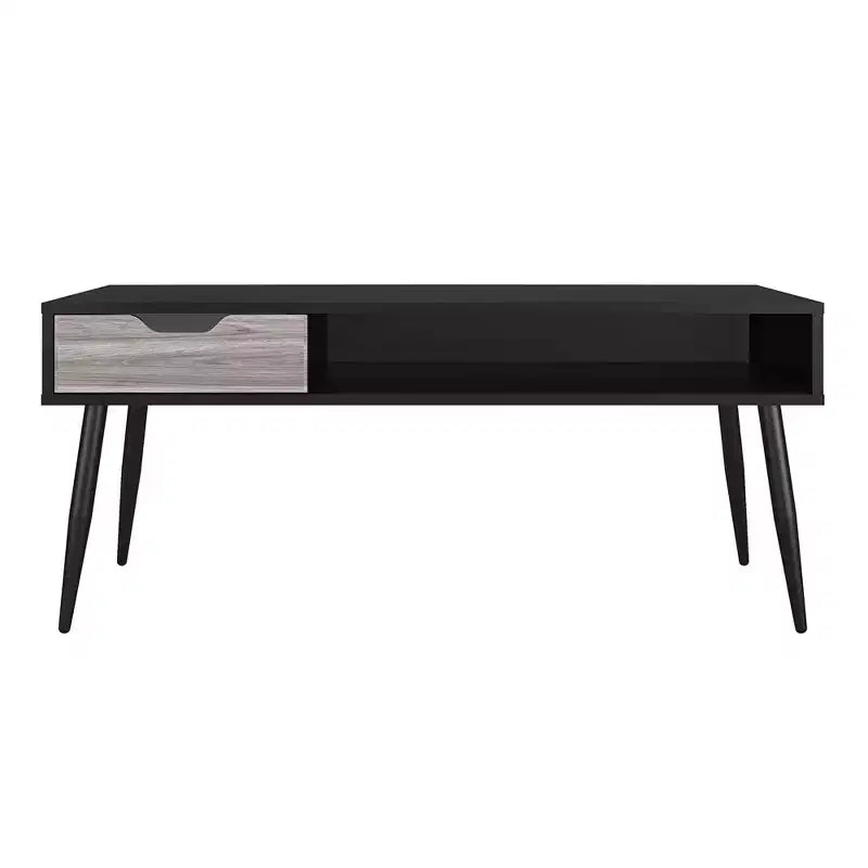 Rectangular Coffee Table with Drawer and Open Cubby, Black