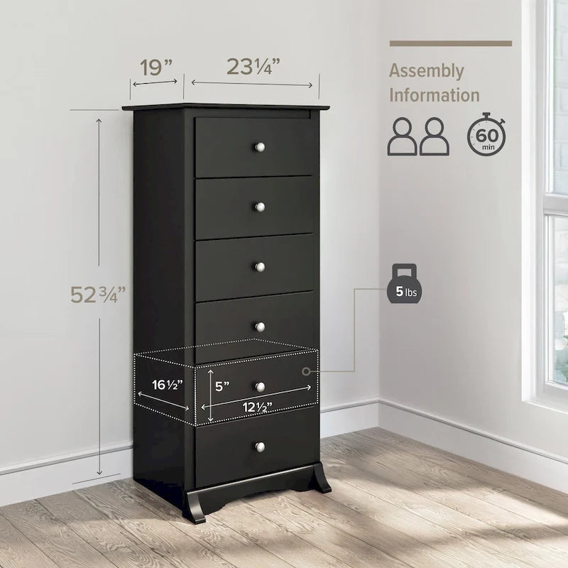 6-Drawer Tall Bedroom Dresser, Black Laminate, Brushed Nickel Knobs, 52.75H