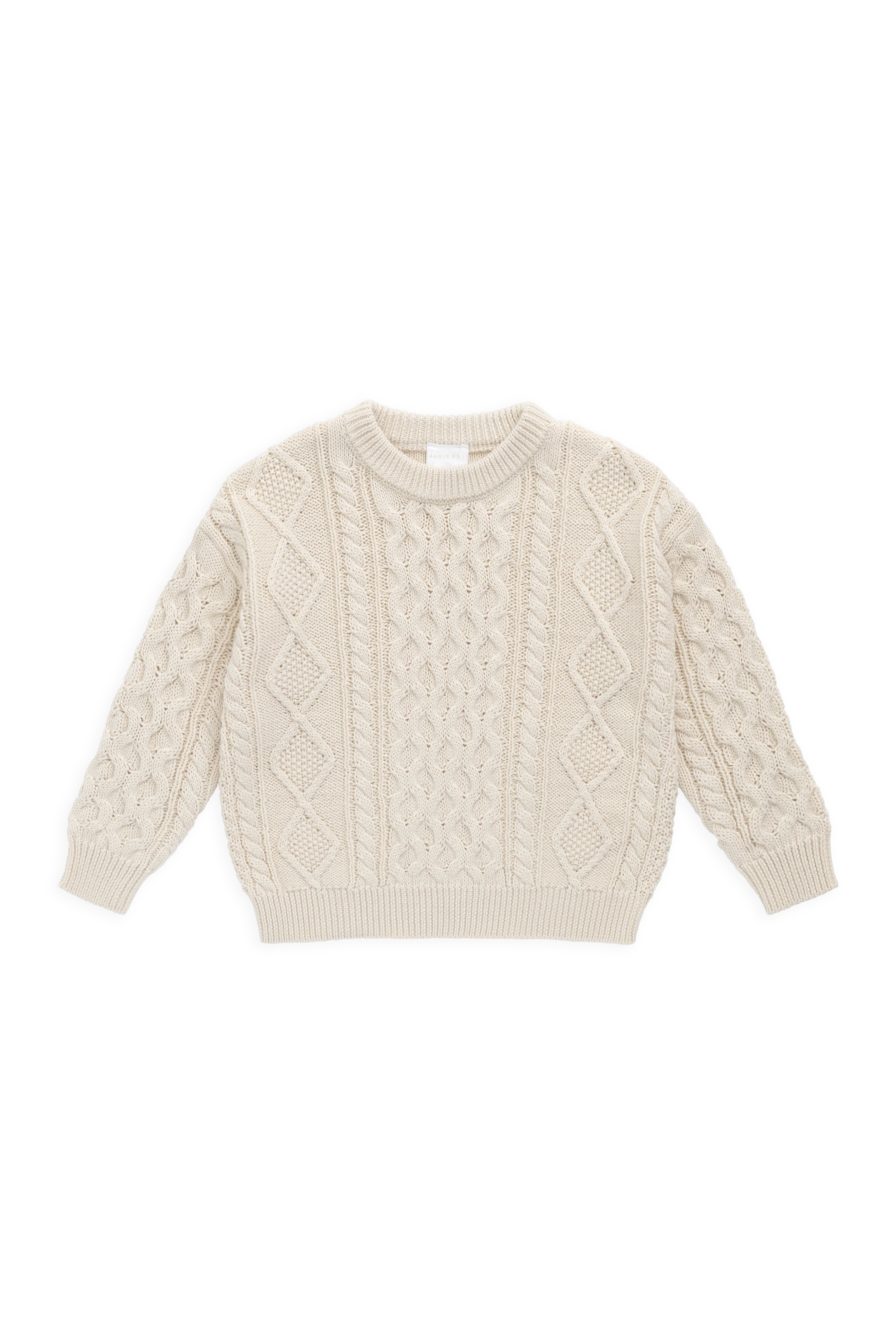 Classic Neutral Solid Cable Knit Cotton Jumper with Crew Neck & Ribbed Cuffs for Kids 6M–8Y