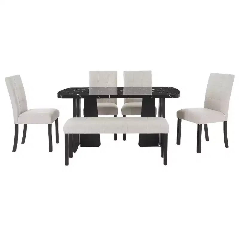 GDFStudio Griffin 6 Piece Modern Dining Table Set with 63 Faux Marble Table & 4 Chairs & 1 Bench