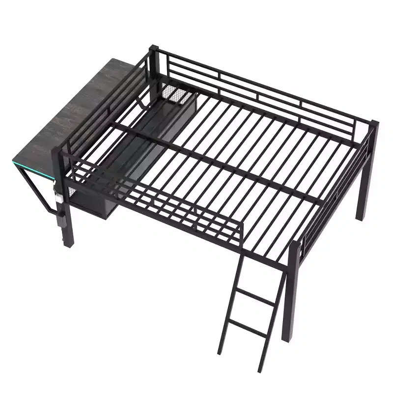 Whisen 92.8''L x 41.7''W Gaming Style Black Metal Loft Bed with Built in Desk, Ladder and Shelf