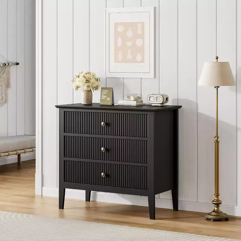 Fluted 3 Drawer Dresser, Wide Dresser Nightstand, Modern Wood Chest of Drawers, Large Painted Storage Cabinet for Closet, Hallway, Entryway, Bedroom