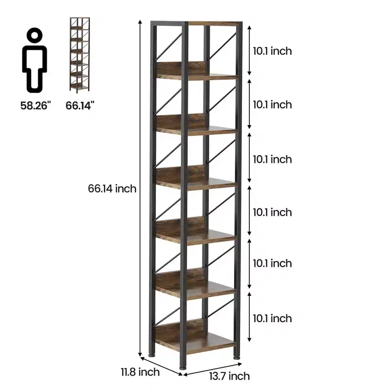 Slim Iron Wood Bookshelf Vintage - Narrow Space Saving Storage Shelf for Small Spaces, Retro Home Decor