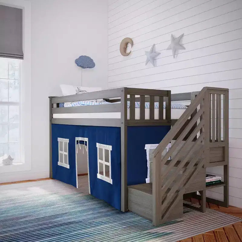 Max & Lily Twin Low Loft with Stairs and Curtains