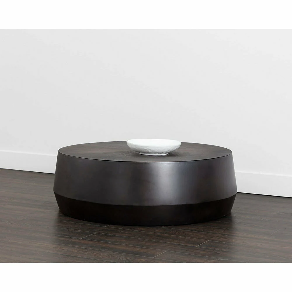 Industrial Metal Coffee Table with Hand-Etched Gunmetal Hammered Top & Drum Base for Living Room