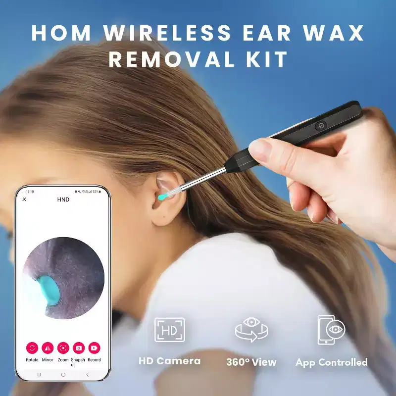 HOM Wireless Ear Wax Removal Kit - Rechargeable Ear Cleaner with HD Camera, 360-Degree View, 4 Interchangeable Silicone Tips & App Connectivity