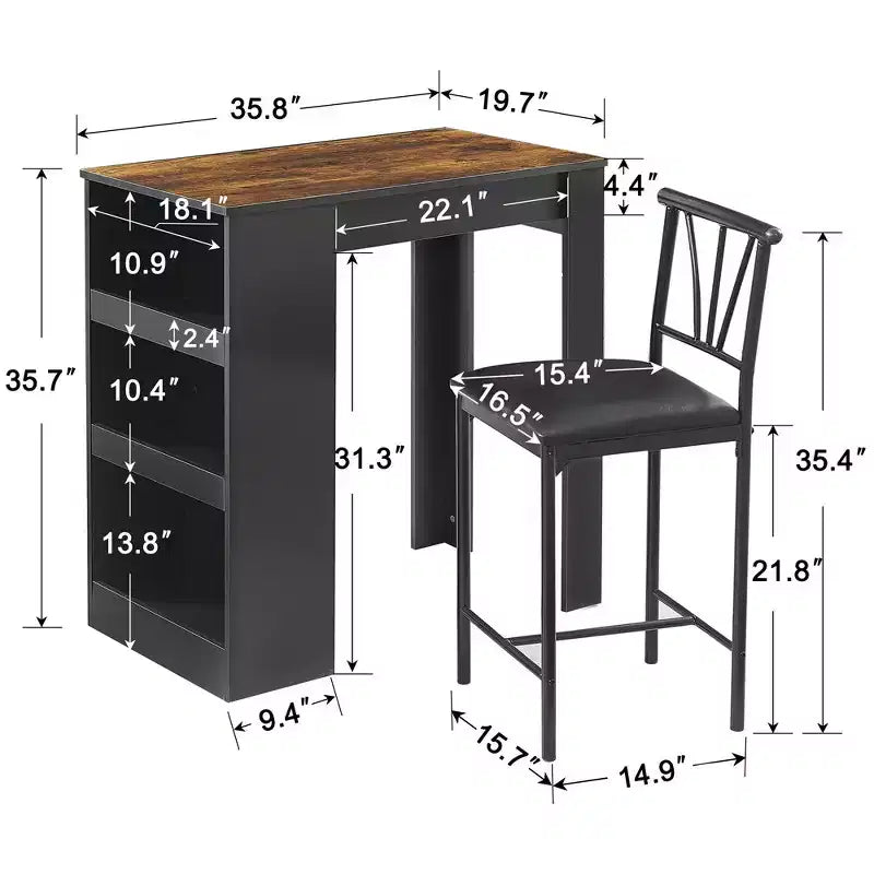 VECELO Retro Dining Table Set Tall Storage Shelves with Wooden Bar Table & Metal Stools Set of 2, Space-Saving