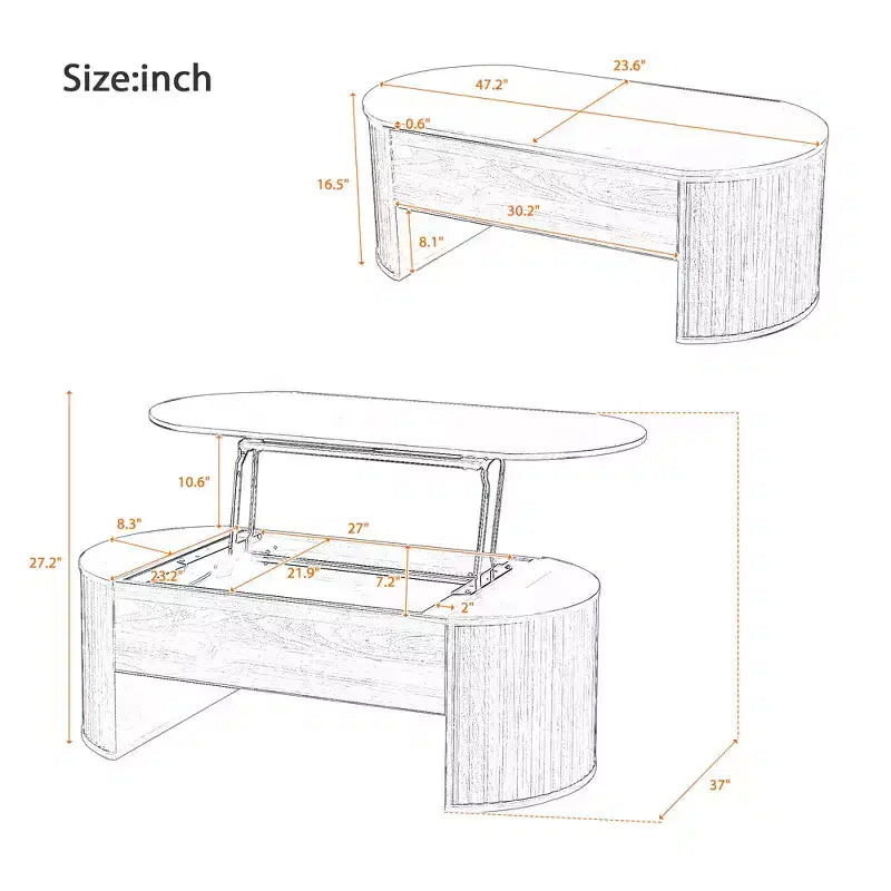 JVNOXK 47.2''Lift Top Coffee Table with Hidden Compartment, Partially Assembled Wooden Center Table, Oval Lift Tabletop for Home Living Room,Brown