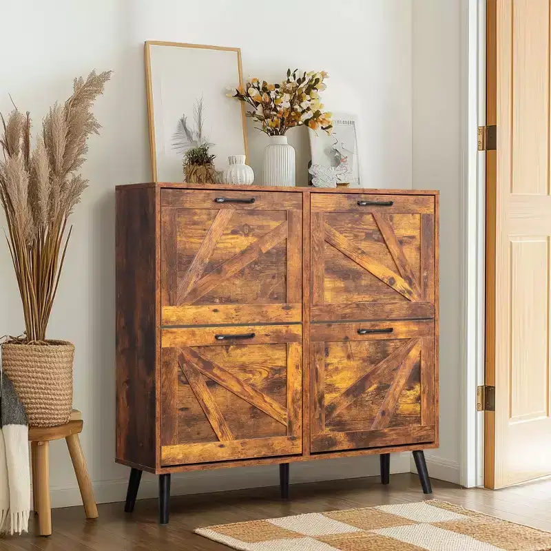 Karl Home Barn Door 4 Flip Black Handles Melamine Particleboard Black Legs Shoe Cabinet 41.7In Weathered Wood