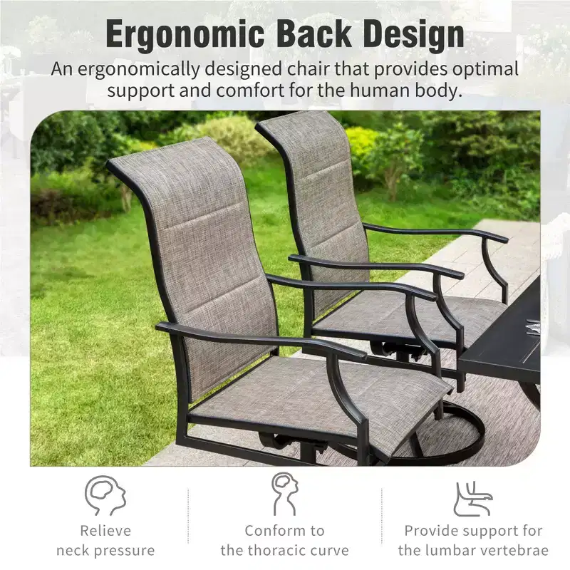 Captiva Desighttps 8pc Patio Dining Slat-top Rectangular Steel Table & Padded Sling Swivel Chairs & Market Umbrella
