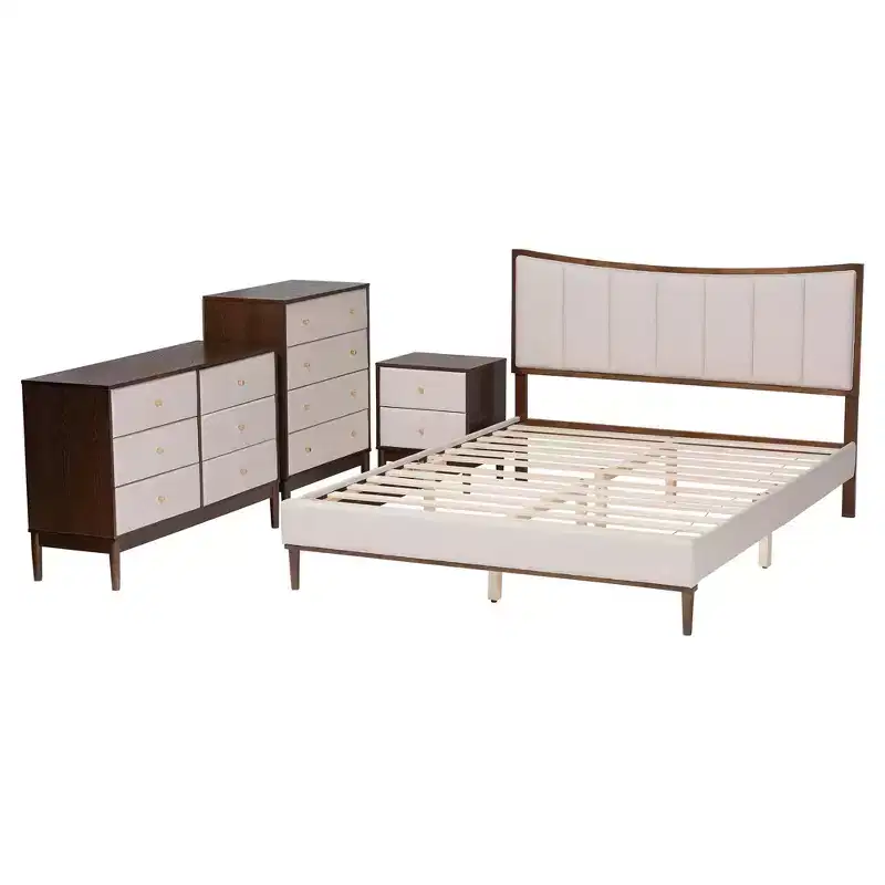 Baxton Studio Nikolai Mid-Century Channel Tufted Beige Fabric and Wenge Brown Wood 4-Piece Queen Bedroom Set