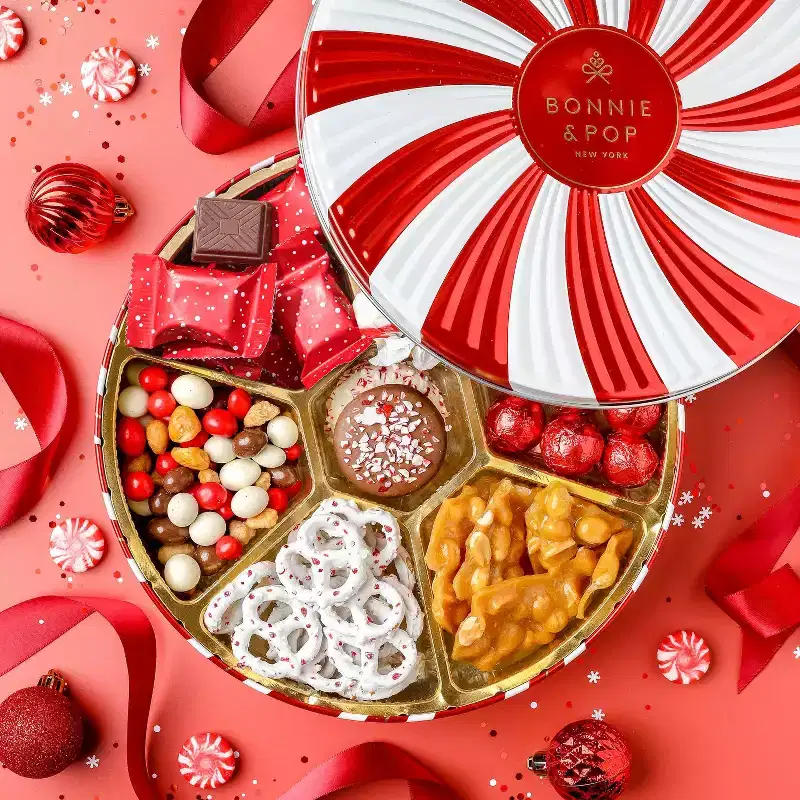Christmas Gift Basket  Holiday Treat Assortment Box with Chocolates, Nuts & Caramels