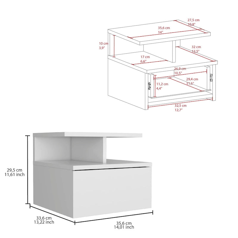Adele Floating Nightstand with Open Shelf, Drawer, White